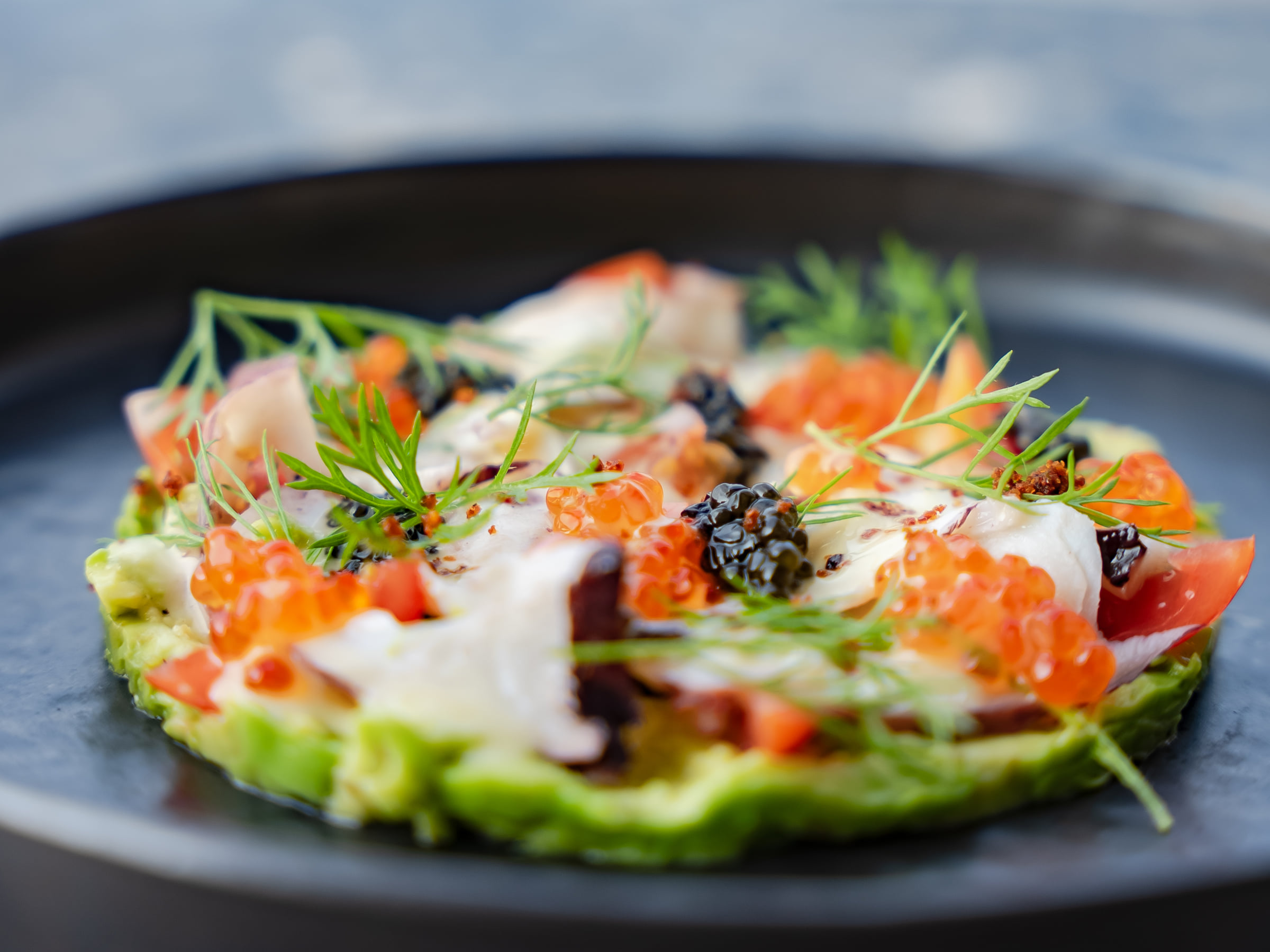 Maldivian Octopus Carpaccio with Guacamole, Jalapeño Oil and Fish Roe